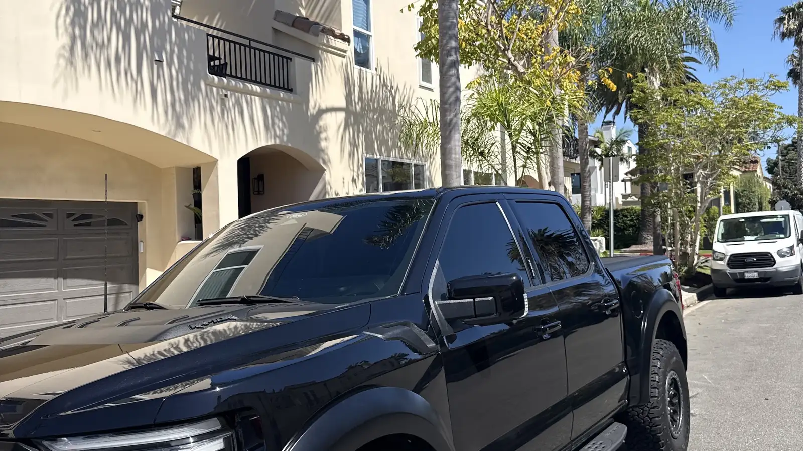 Black Ford Raptor parked outside a stucco home with a garage on a palm-lined street