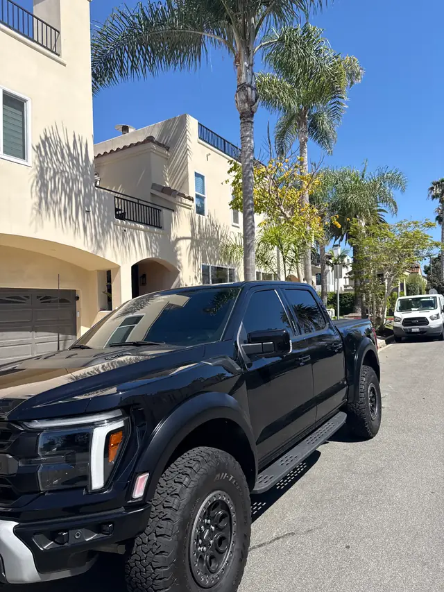 Black Ford Raptor parked on a palm-lined residential street