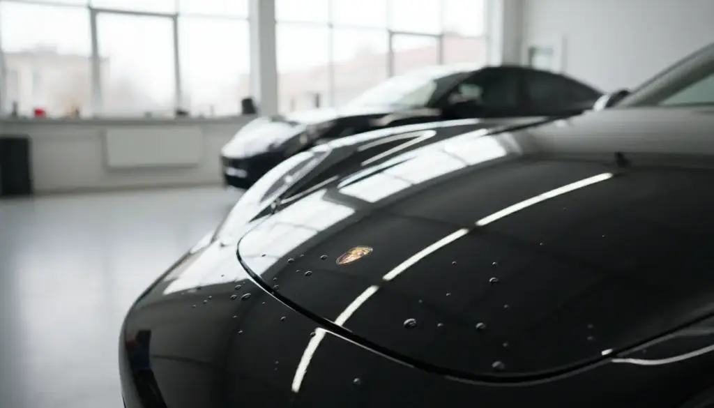 Black coated bonnet with water beading on the paint under shop light